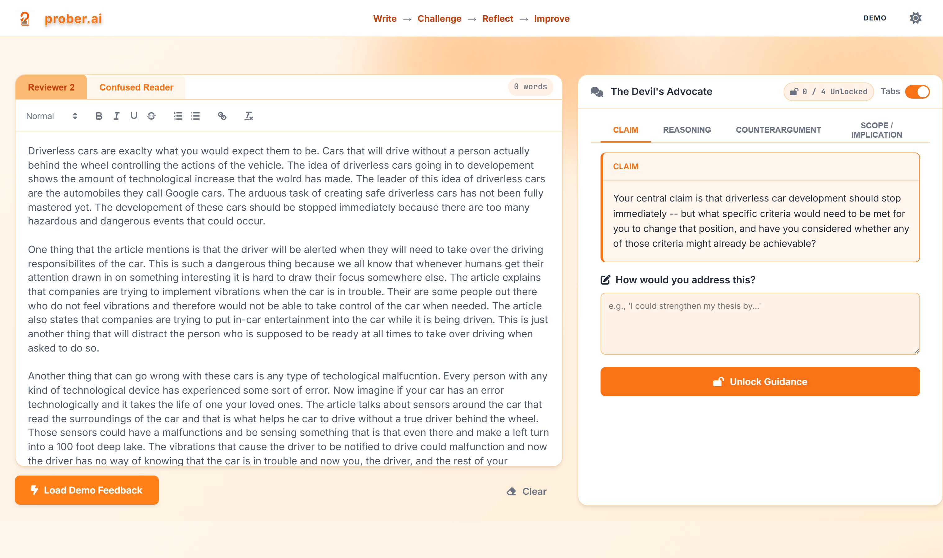 The Prober.ai app: your essay on the left, the Devil's Advocate challenge card on the right.